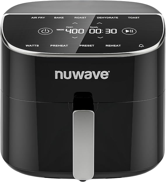Nuwave Brio Plus 8 Qt Air Fryer, PFAS Free, New & Improved, Digital Touch Screen, Cool White Display, 50F~400F in Precise 5, 5 Cook Functions, 100 Presets & 50 Memory, 3 Wattages 700, 1500, 1800