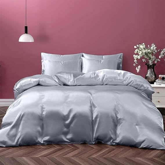 Silk Satin Sheet Set| 100% Pure Silk Satin Sheet Set 7pc Silk Fitted Sheet 15" Deep Pocket, Silk Flat Sheet, Silk Duvet Cover & Pillowcases Set !!(King Silver Grey)