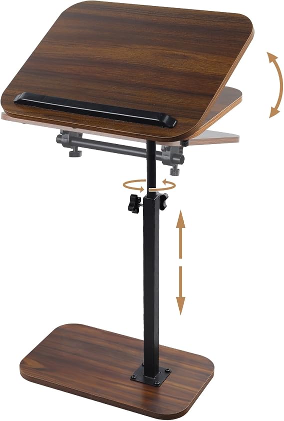 comfoyar C Shaped Side Table, 360° Swivel 180° Flip Height Adjustable End Table for Small Space, Laptop Stand Narrow TV Tray Table with Slat, Modern Small Coffee Snack Table for Sofa Bed Bathtub