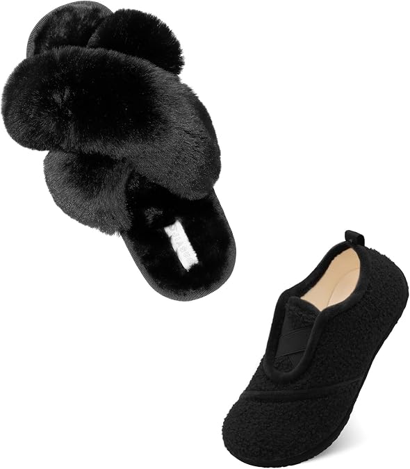 JIASUQI IASUQI Cross Open Toe Fuzzy Fluffy House Slippers for Women Cozy Memory Foam Plush Criss Cross Furry Slides Slippers Black 8-9
