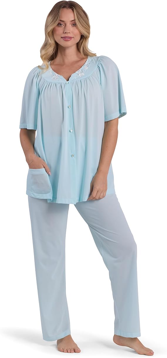 Miss Elaine PJ Set - Women's Nylon Tricot Pajama Set, Short Sleeves, Round Neckline with Embroidered Trim, Button Front Top