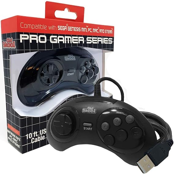 Old Skool USB Controller 6 Button Arcade Pad for Sega Genesis Mini/PS3/PC/Mac/Steam/Nintendo Switch - USB Port Black