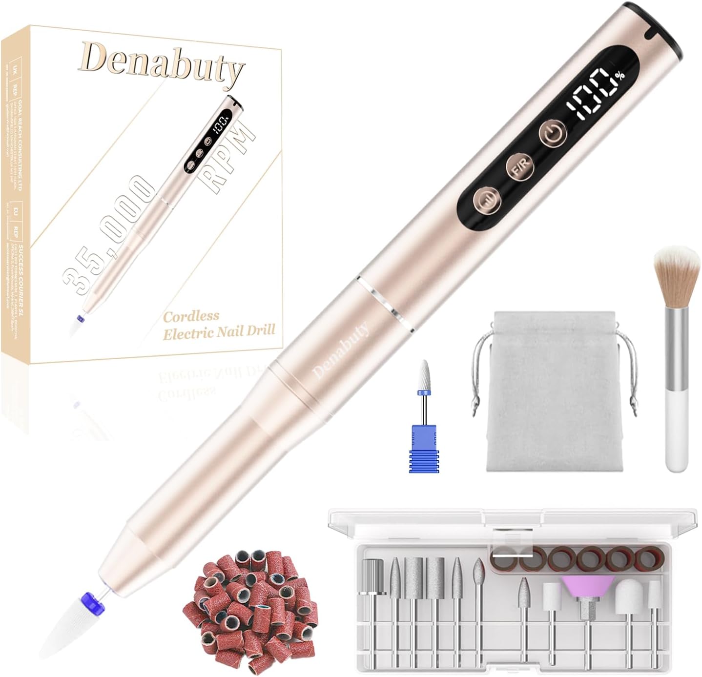 Electric Nail Drill Cordless, 35000RPM Portable Electric Nail File with LCD Display and 12 Nail Drill Bits for Acrylic & Gel Nails, Professional Manicure & Pedicure Kit Set Golden
