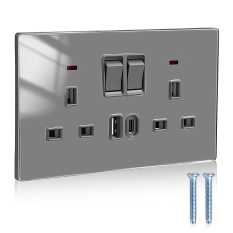 Black Double Socket with TypeC&usbA,Double Switched Plug Sockets 2Gang 13A | UK Acrylic panel USB Wall Socket, USB Sockets double for Kitchen/Bedroom/Office/Home, 35mm Back Box