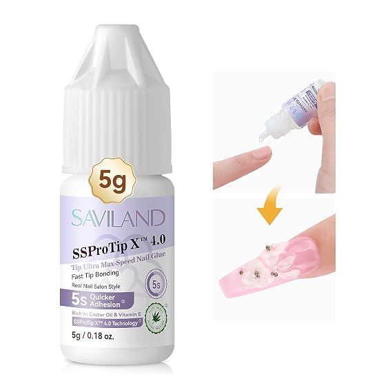 SAVILAND Nail Glue for Acrylic Nails Press On: 5S Fast-Drying Nail Adhesive Strong 0.18 Oz. Nail Tip Glue Extra Strength Nail Gel Glue Castor Oil Vitamin E Hypoallergenic for Nail Tips No Cure Salon
