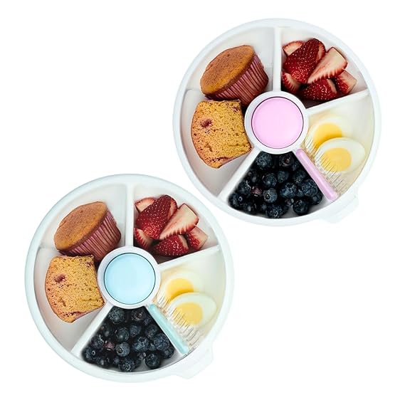 GoBe Kids Macaron Blue and Taro Purple Large Snack Spinner - Reusable Snack Container with 5 Compartment Dispenser and Lid | BPA and PVC Free | Dishwasher Safe | No Spill, Leakproof