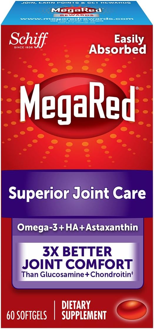 MegaRed 353mg Omega-3 Krill Oil Joint Care Supplement with EPA/DHA Fatty Acids, Antioxidants, Hyaluronic Acid, No Fishy Burp Aftertaste as with Fish Oil, 60 Count Softgels