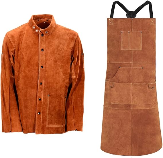 QeeLink Leather Welding Work Jacket with Apron Flame-Resistant Heavy Duty Split Cowhide Leather Welder Jackets with Welding Apron for Men & Women, XX-Large
