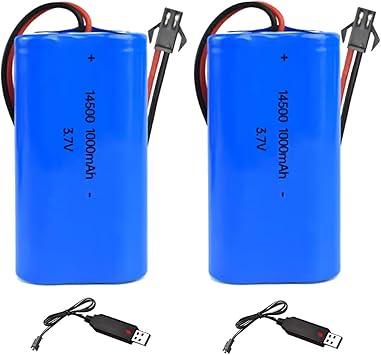 2Pcs 3.7V 1000mAh Li-ion Battery RC Replacement Rechargeable 14500 Battery Pack with SM-2P USB Charger Cable for Toys,Drone,Remote Control Car Accessory