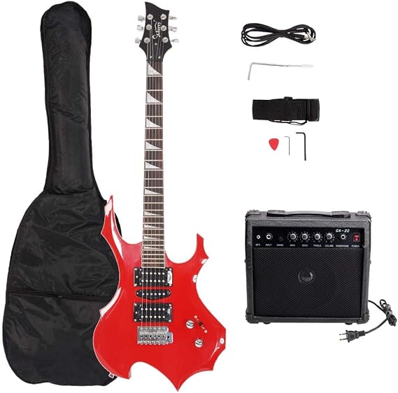 GLARRY Electric Guitar Buring Flame Design HSH Pickup for Beginner Right Hand with 20W AMP, Cable, Strap, Bag, Tremolo Arm and Accessories (Red)