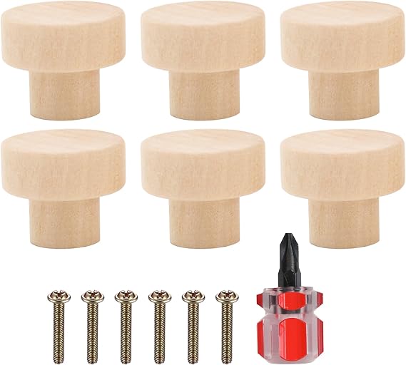 Pack of 6 Furniture Knobs, Wooden Drawer Knobs, Furniture Knobs, 30 x 23 mm Wooden Knobs for Cabinet Door, Drawer, Cupboard, Shoe Box, with a Screwdriver