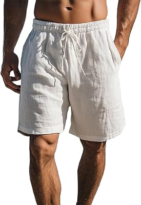 Mens Cotton Linen Shorts Casual Drawstring 7inch Inseam Shorts Summer Beach Wear