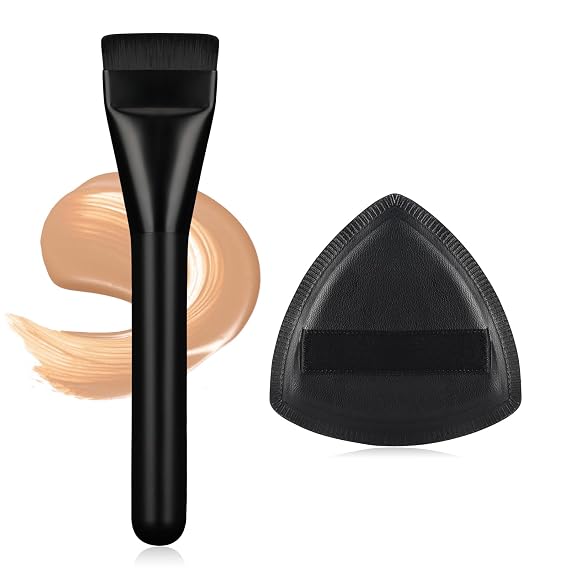 Flat Foundation Brush with Puff, Beautyfactor Ultral Thin Spatula Makeup Brush with Sponge for Liquid Makeup | Fast Flawless Korean Kabuki Brushes for Blending, Liquid, Cream, Blush, Buffing(Black)