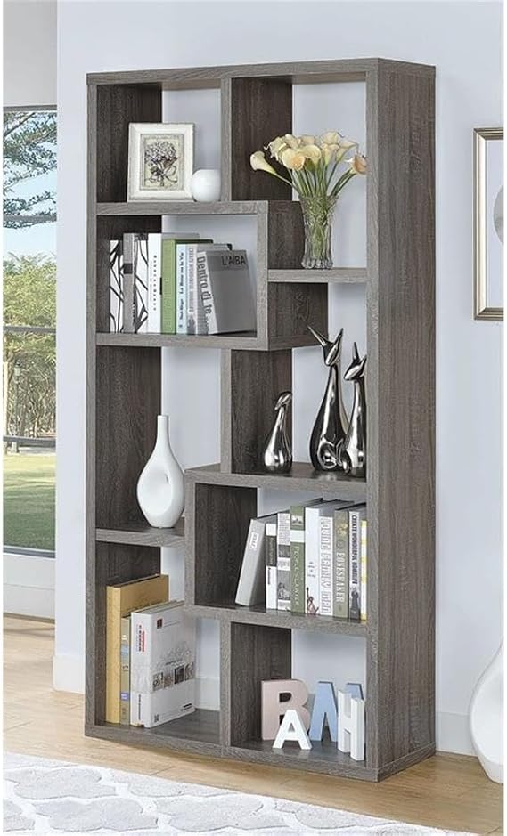 BOWERY HILL 10-Shelf Geometric Bookcase, 70.75" H x 35" W x 11.75" D, MDF/Particle Board with Laminate, Weathered Gray Finish, Vertical Display Shelf for Home Office, Living Room, or Bedroom