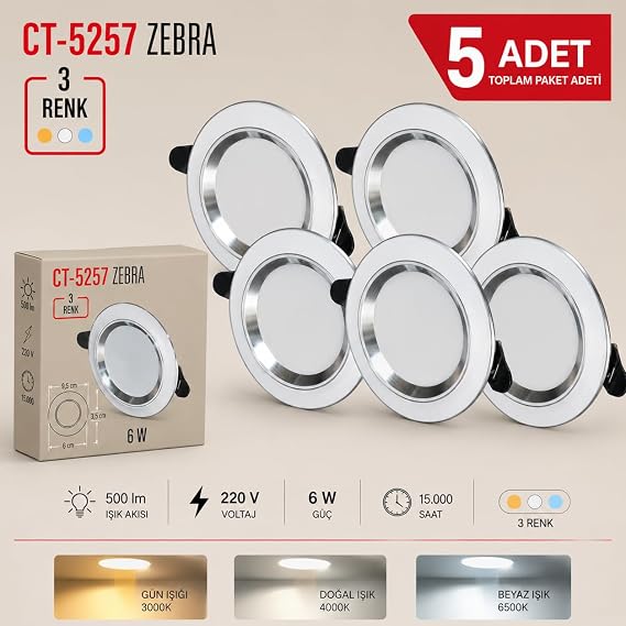 CT-5257 Zebra LED Spot 6W 500lm 220V 5 Adet [Enerji Sınıfı A]