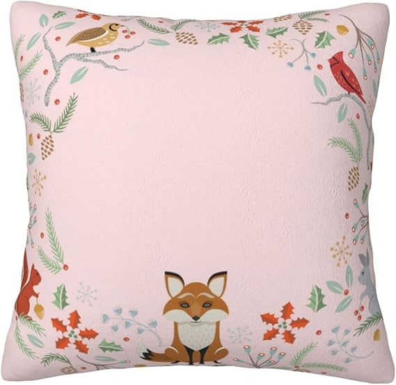 Velvet Pillow Covers Soft Pink Woodland Wreath Cushion Case, Decorative Throw Pillow Cover for Sofa Couch Bedroom 18"X18"