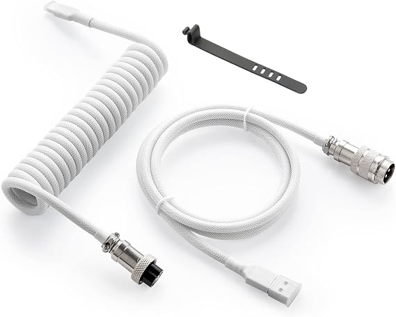 GUNMJO Pro Custom Coiled USB C Cable for Gaming Keyboard, Double-Sleeved Mechanical Keyboard Cable with Detachable Metal Aviator, 1.5M USB-C to USB-A, White Color (White)