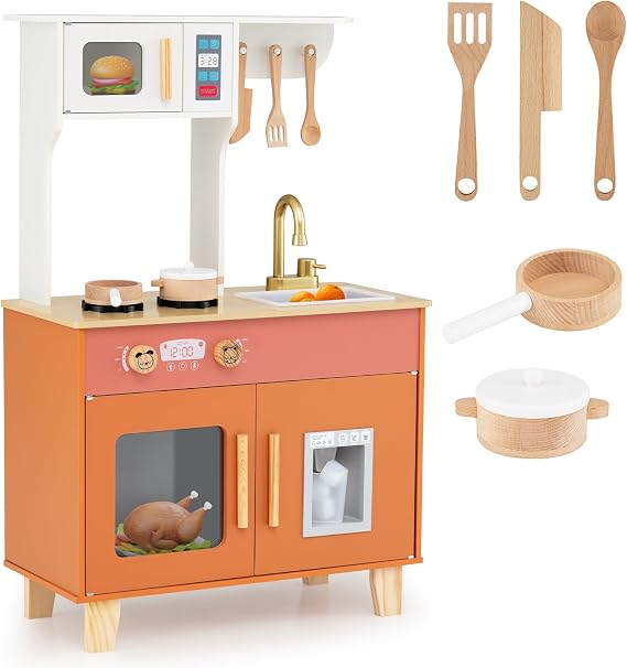 COSTWAY Kids Wooden Kitchen, Pretend Play Kitchen with Microwave, Burners, Faucet, Sink, Ice Dispenser & Accessories, Children Cooking Toy Chef Role Playset for Boys Girls Ages 3-6