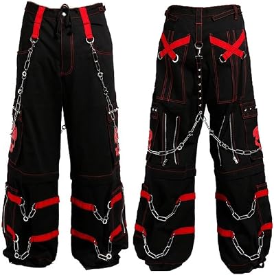 Mens Gothic Bondage Zipp Off PantsBlack & Red Skull Men Alternative Punk Rock Emo Trouser PantUSA US, Alpha, Medium, Regular, Regular