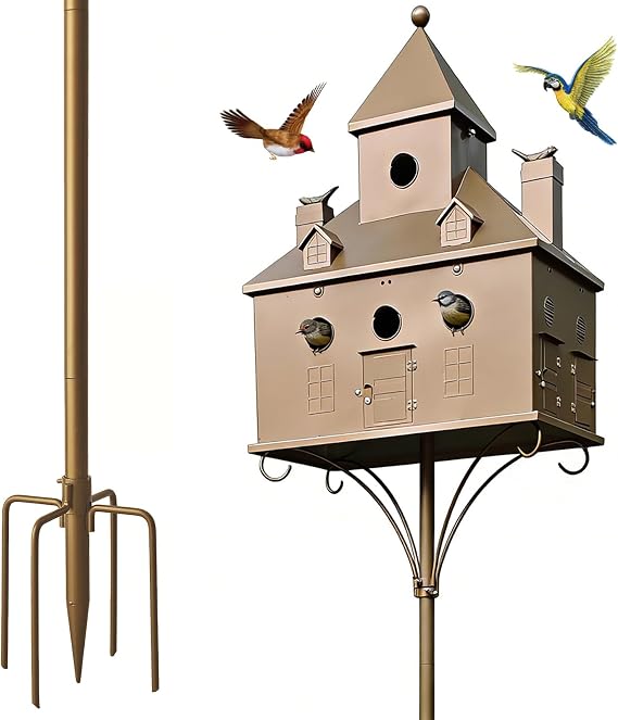 Metal Birdhouse with Pole, 7-Room Castle Birdhouse for Outside Yard | All-metal 7-room castle birdhouse with cleaning doors, ventilation, drainage, shepherd hook, antique bronze garden yard decor