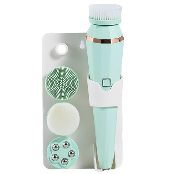 Electric Facial Cleansing Brush, Rechargeable Face Cleanser with 3 Strength Levels, Exfoliating and Massaging Skin Care Tool with 4 Brush Heads