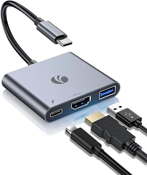 VCOM USB-C to HDMI Adapter, 3-in-1 4K@60Hz HDMI Adapter with 100W PD Charging & 5Gbps USB 3.0 Port, USB Hub Multiport for MacBook, iPad, iPhone 16 Pro Samsung S24/23, Chromebook (Grey(3-in-1)