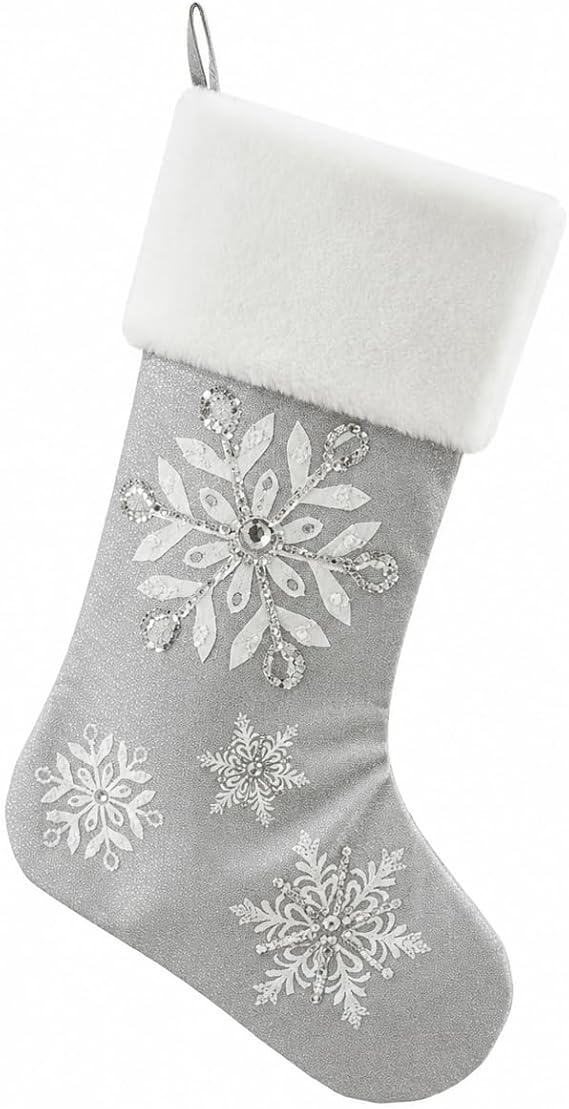 Comfy Hour 18" Silver Snowflake Christmas Stocking, Elegant Sequin Embroidery with Faux Fur Trim, Sophisticated Holiday Mantel Hanging Decor, Winter Celebration Accent, 1 Unit