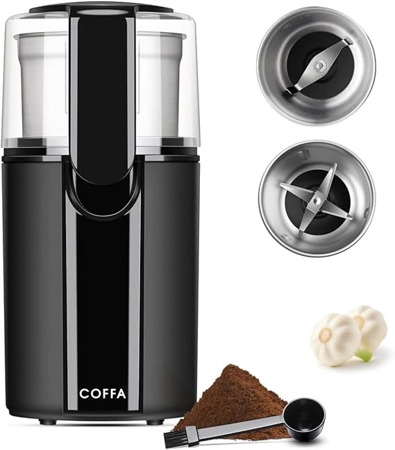 Electric Coffee & Spice Grinder – 200W, 70g Capacity, 2 Stainless Steel Bowls for Wet & Dry Grinding, Includes 2-in-1 Scoop & Brush, One-Touch Compact Design COFFA®
