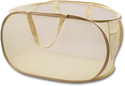 HONOMA Sturdy Mesh Laundry Hamper Basket Bag,Pop up Basket with Side Pocket for Laundry Room, Bathroom, Kids Room, College Dorm or Travel Pop Horizontal, Beige