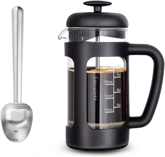 Easyworkz Stainless Steel Long Hollow Handle Coffee Scoop,7g Measuring Spoon, Brushed Silver, Bundled with Easyworkz French Press 12 oz Coffee Tea Maker with Borosilicate Glass,Soft Grip Handle