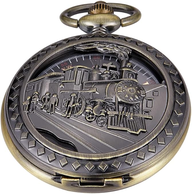 Bronze Retro Mechanical Pocket Watch Skeleton Roman Numerals Hollow Mechanical Pocket Watches with Box