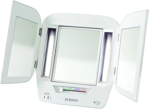 JERDON Tri-Fold Lighted Makeup Mirror with 5X Magnification Vanity Mirror with 4 Light Settings & Built-in Outlet Space-Saving Trifold Design, 22" x 12.5" Open Model JGL10W | Modern Tri-Fold Design, Multiple Light Settings
