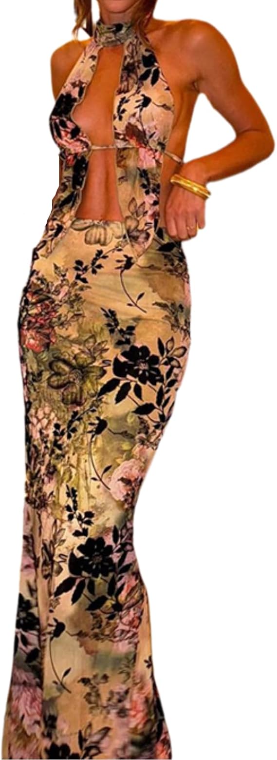 ksotutm Maxi Skirt Set Floral Sexy Halter Top and Maxi Skirt Summer Two Piece Sets for Women Going Out Outfits