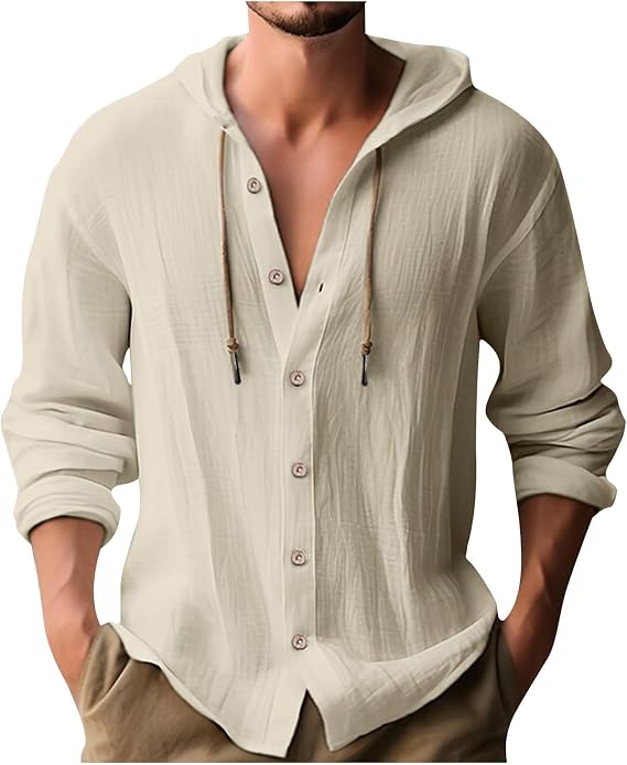 Cotton Linen Hoodie for Men Drawstring Hooded Button Down Beach Hippie Shirt Lightweight Soft Long Sleeve Blouse Tops