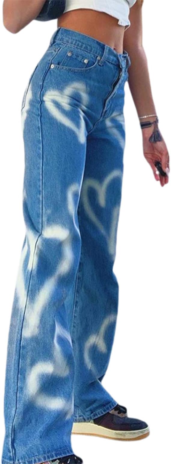 Women's High Waist Heart Print Wide Leg Loose Fit Vintage Boyfriend Jeans | Teen Girls Y2K Heart Printed Streetwear Denim Pants, High Rise Straight Leg 2000s Petite Jeans, Cute Casual Mom Jeans