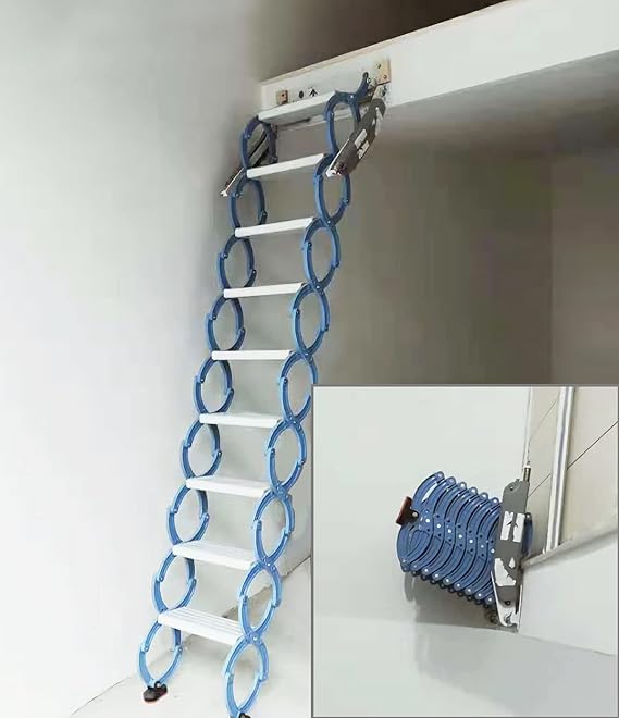 INTSUPERMAI Attic Ladder Loft Stairs 12 Loft Steps Ladder Folding Staircase Foldable Attic Stairs Pull Down with Aluminum Alloy Scissor Structure No handrail 10 ft Height Blue