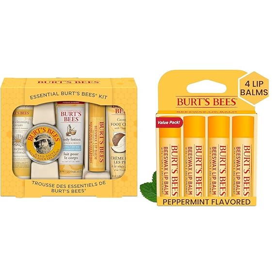 Burt's Bees Essential Everyday Beauty Gift Set, 5 Travel Size Products & 100% Natural Origin Moisturizing Lip Balm, Original Beeswax with Vitamin E & Peppermint Oil, 4 Tubes in Blister Box