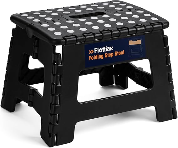 Flottian 9" Folding Step Stool for Adults and Kids Holds Up to 300 lbs,Non-Slip Folding Stools with Portable Handle, Compact Plastic Foldable Step Stool for Bathroom,Bedroom, Kitchen Black