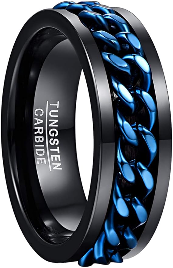 NUNCAD 8mm Black Tungsten Carbon Chain Spinner Ring Rotatable Link for Men Relieve Anxiety Fidget Band Ring Comfort Fit Size L1/2-X1/2