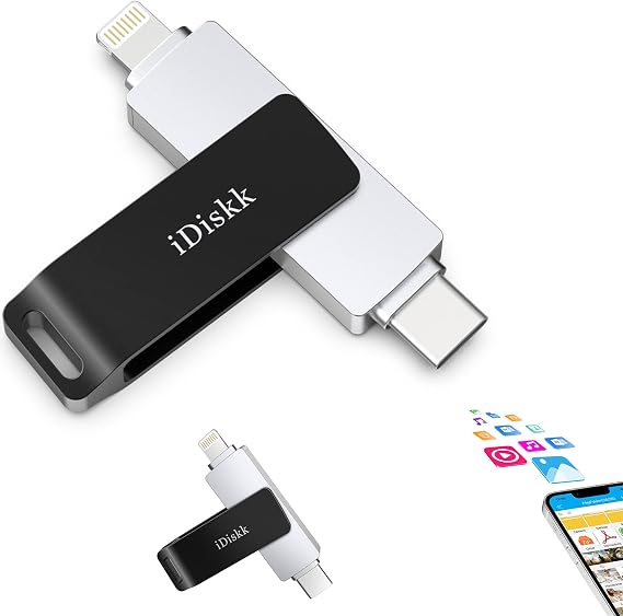 iDiskk 256GB MFi Certified Lightning &USB C Flash Drive for iPhone Android | Dual interface MFi certified photo stick for iPhone17/16/15/14/13/12, one-tap photo backup,supporting APP is required