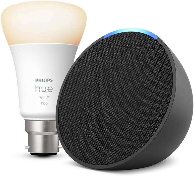 Echo Pop | Charcoal + Philips Hue White Smart Light Bulb LED (B22), Works with Alexa - Smart Home Starter Kit, with Alexa+ Early Access