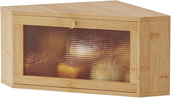 kiplant Bamboo Corner Bread Box for Kitchen Countertop - Wavy Acrylic Door, Bread Storage Container, Bread Holder