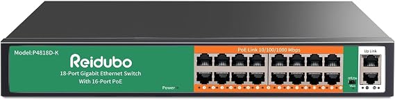 18 Ports Gigabit PoE Switch,16 Port Gigabit PoE+ Network Switch with 2 Uplink Gigabit Ports, 250W, Unmanaged, 19-inch Rackmount, Fanless Quiet Operation, Compatible with AP WiFi6, PoE Cameras
