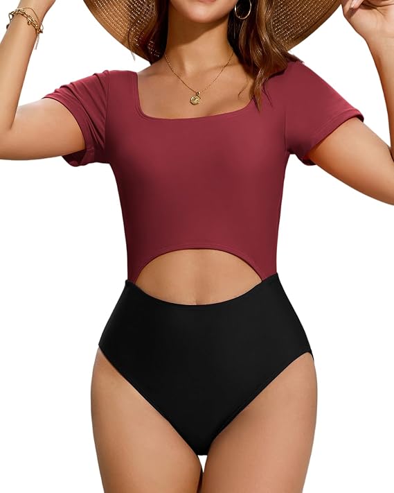 Cromi Womens Short Sleeve Square Neck One Piece Swimsuit
