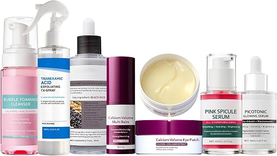 7 Step-Skincare Bundle with Calcium Multi Balm Stick, Collagen Cream, Eye Patches, Bubble Foaming Cleanser, Rice Ampoule, Pore Care Serum for Hydrating, Wrinkle Care, Smoother-Looking Skin & Pore Care
