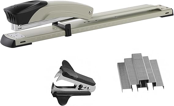 Long Reach Stapler,with 2000 Staples & Stapler Remover Full Strip,20-25 Sheet Capacity,with Built-in Ruler and Adjustable Locking Paper Guide, Gray