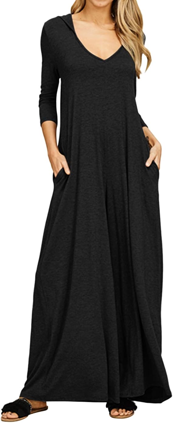 Jacansi Women's 3/4 Sleeve Midi Dress, Casual Loose Fit Solid Color Dress with Pockets, Soft Lightweight Everyday Dress