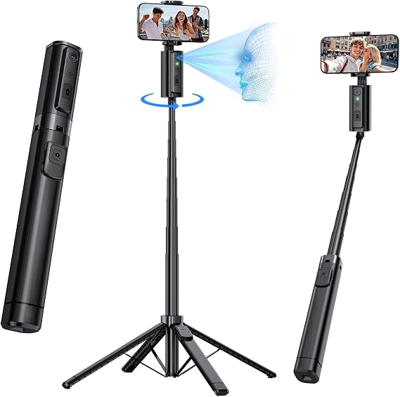 UBeesize 67" Auto Face Tracking Phone Tripod with Remote, 360 Rotation | Selfie Stick, iPhone & Android, 6-Hour Battery for Vlogging & Video Recording, Folds to 13.5", Stable Aluminum Tripod