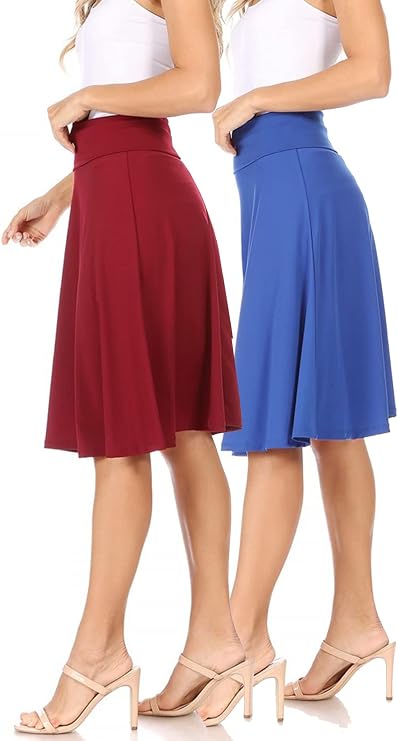 FashionJOA Women's 2 Pack Solid High Waist Flare A-line Midi Skirt with Elastic Waistband