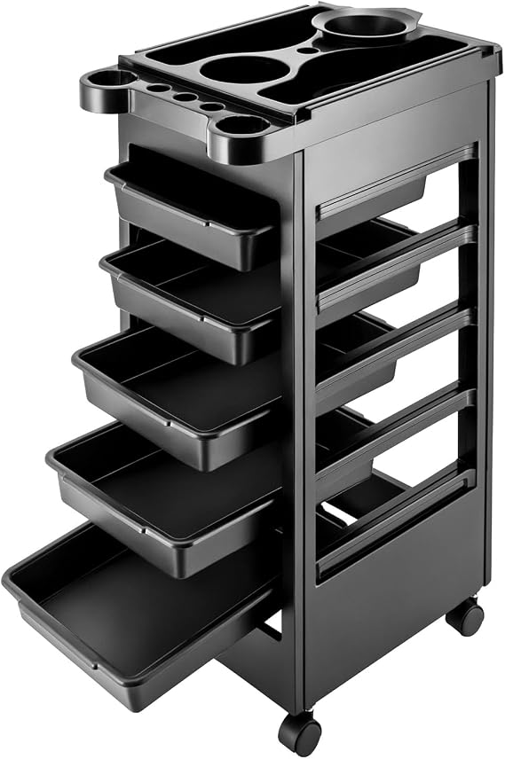 Professional Hair Salon Trolley with Wheels and 5 Drawers, Hair Styling Cart Mobile Barber Station Hairstylist Cart for Hair Stylist Hairdresser Beauty Tattoo, Black